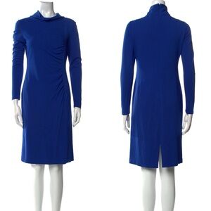 NWT Lafayette 148 Royal Blue Long Sleeve Midi Dress w Side Ruching Mock Neck 10